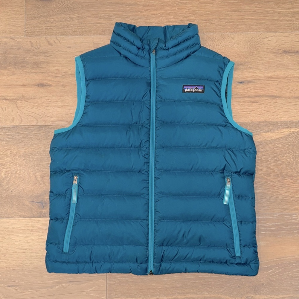 Patagonia Kids Down Sweater Vest Blue Teal Small 7-8